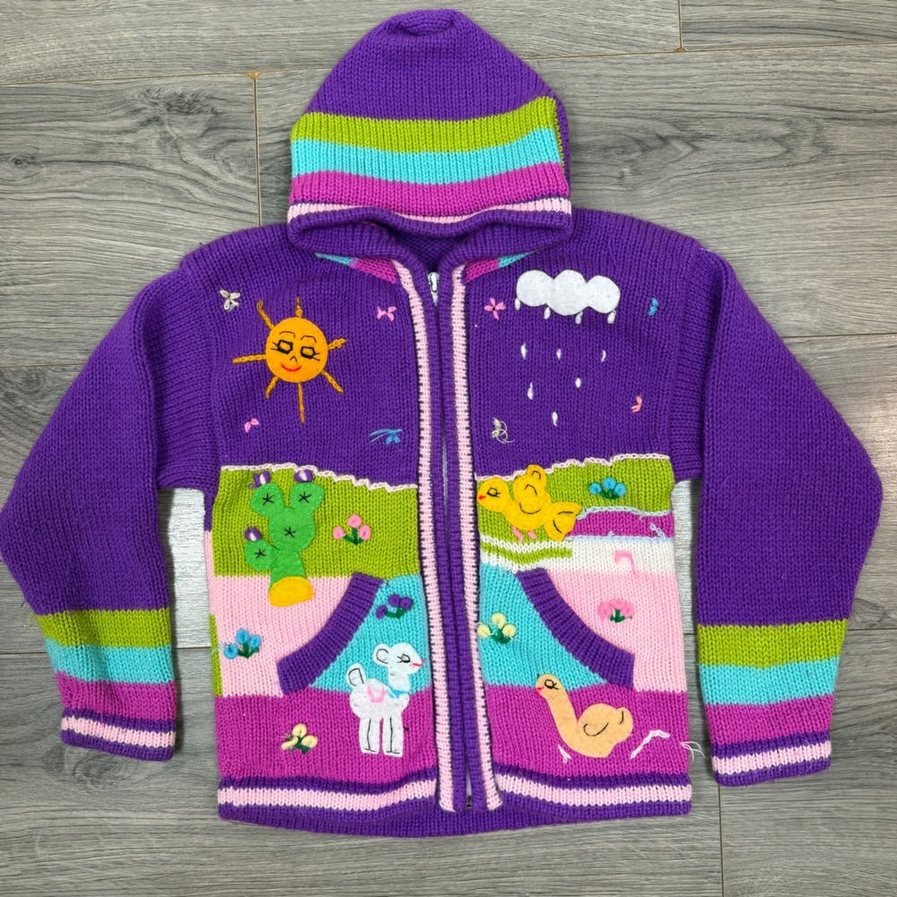 Peruvian Knit Hoodie Toddler 3T/4T Colorful Zip Sweater Animal Scene Jacket